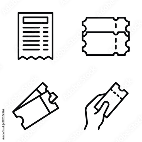 Outline vector icons depicting receipts multiple tickets a hand holding an admission ticket purchase transaction