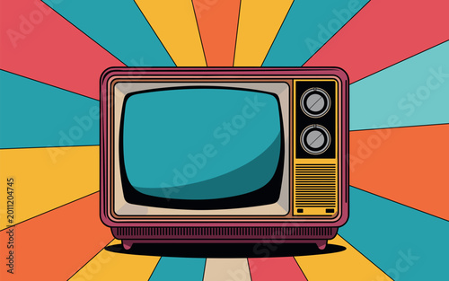 Retro television illustration with colorful rays vintage TV set pop art background design