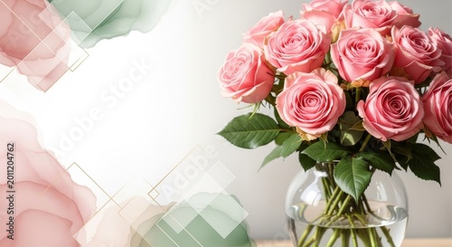Pink roses in a clear glass vase on a wooden table, soft pastel watercolor background with geometric accents.