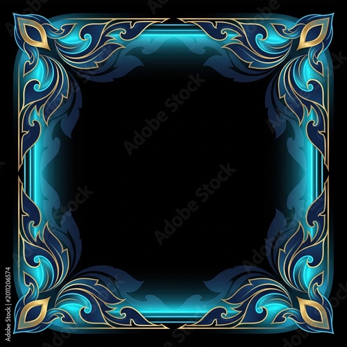 Elegant Thai ornamental frame with blue and gold accents on black background, refined floral corners and clean negative space.
