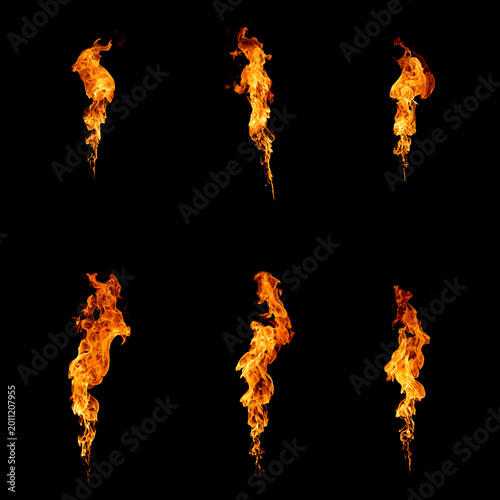 Foto Collection of realistic fire flames isolated on black background with blazing orange heat effect