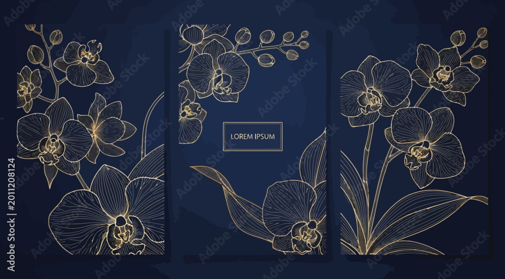 Obraz premium Set of luxury greeting cards with golden orchid flowers on dark blue background, elegant floral botanical design