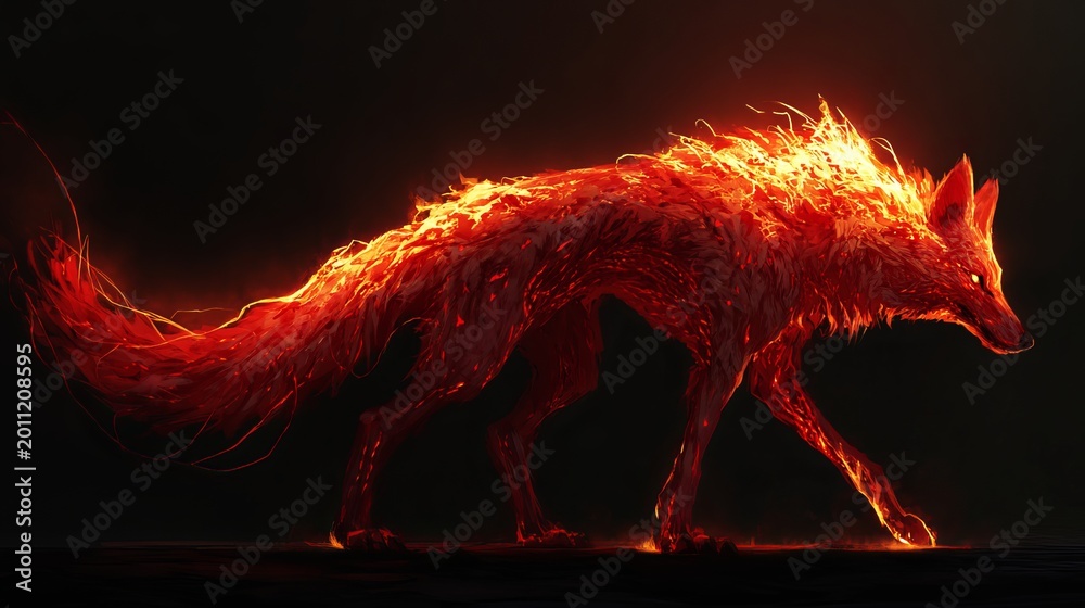 Fototapeta premium Majestic fox made of bright burning flames walking through the dark shadows of the night