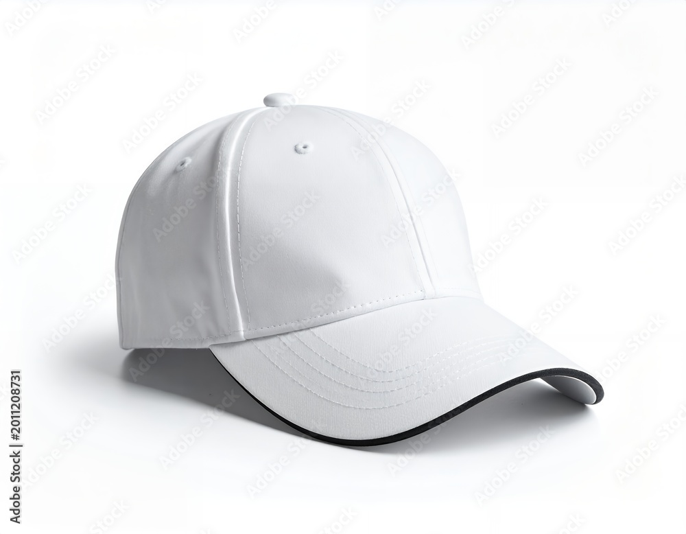 Fototapeta premium Blank White Baseball Cap with Black Trim Isolated on White Background.