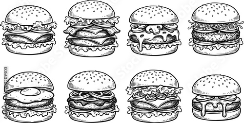 Фотография Delicious Burger Icon Set with Various Toppings and Styles for Food, Fast Food,