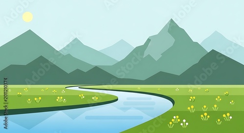 Serene Mountain Landscape with River and Meadow Illustration.