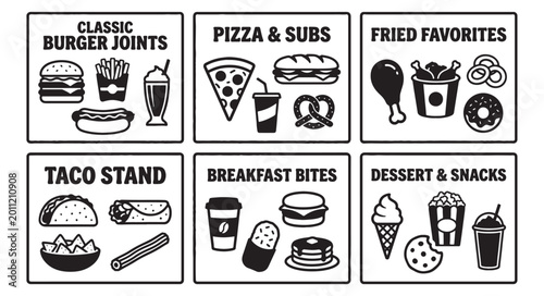 Tableau sur toile Fast Food Restaurant Menu Category Icon Set with Burger Pizza and Tacos