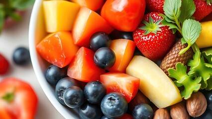 seitan. Bowl filled with colorful fresh fruits and vegetables for a healthy diet. menu design, packaging mockups, designed for culinary blogs and recipe cards for restaurants, used by chefs.
