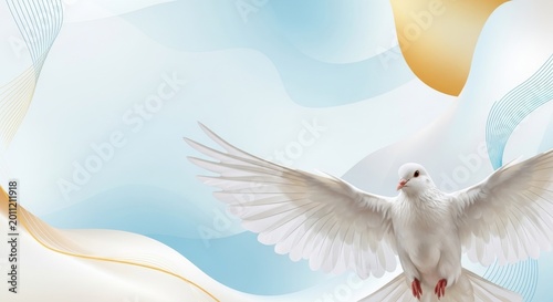 A white dove in flight with wings spread wide against a soft abstract background