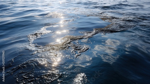 Oil spill creates dark slick on calm sea surface reflecting sunlight in clear skies