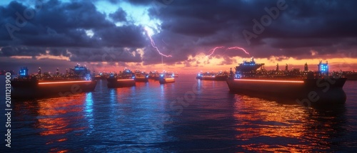 Energy hub at dusk with floating tankers illuminated by neon data against a dramatic sky filled with lightning