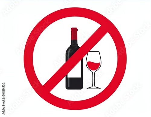 No Alcohol Allowed Sign with Wine Bottle and Glass Vector Illustration.