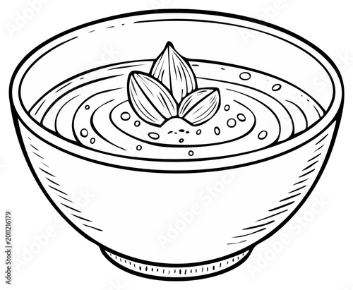 Detailed outline illustration of a comforting bowl of food with almond garnish and spice flecks for menu design