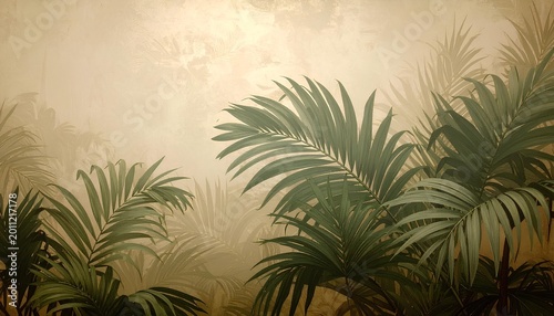 tropical palm leaves in front of a textured beige grunge wall with a soft foggy atmosphere, vintage botanical background