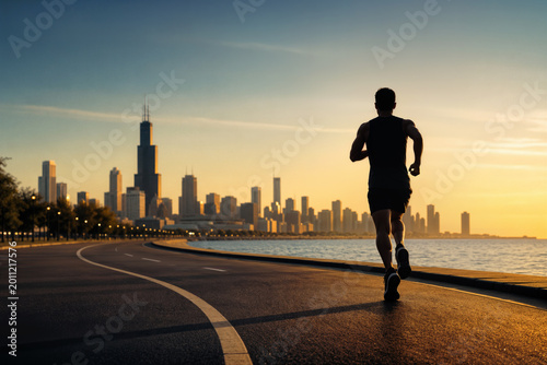 Chicago skyline dawn marathon runner silhouette on curved lakeside road with Willis Tower and Lake Michigan golden hour endurance training urban running 2026