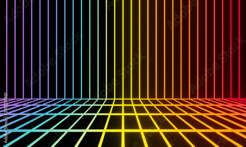 Colorful gradient rainbow striped neon lines. Grid wireframe