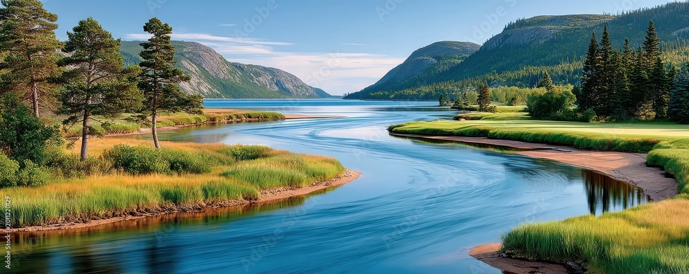 Fototapeta premium Serene winding river flowing through lush green forest with distant mountains and peaceful shoreline