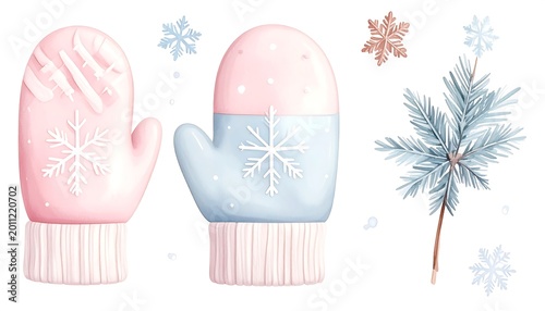 Watercolor illustration of two mittens, snowflakes, and a frosty twig. Hand-painted festive winter elements for decoration