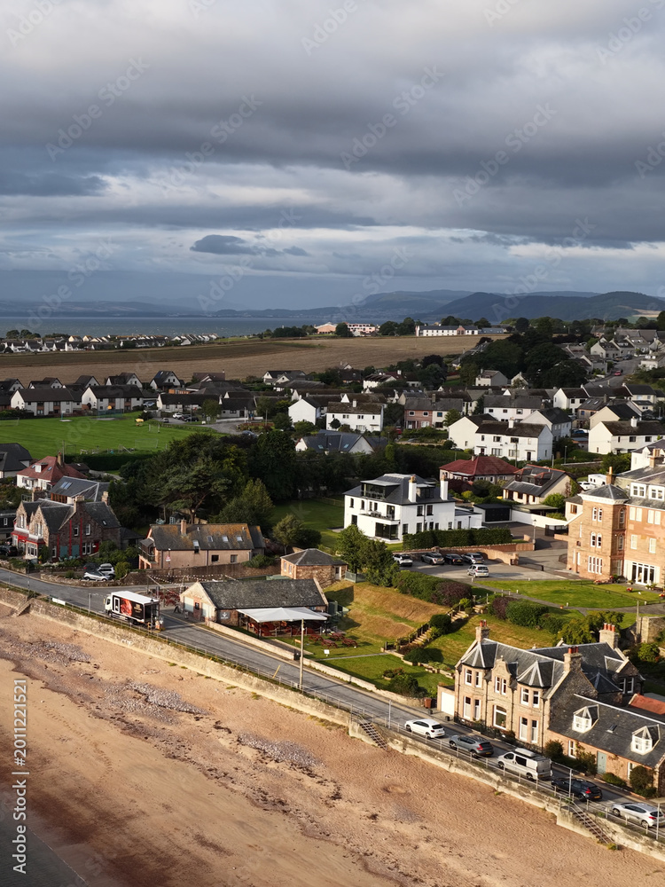 Naklejka premium Aerial View of Rosemarkie Coastal Village and Beachfront Houses in Scotland