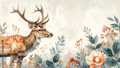 Hand drawn reindeer botanical element muted pastel floral foliage antler animal nature autumn watercolor create serene woodland scene with soft colors and gentle expression