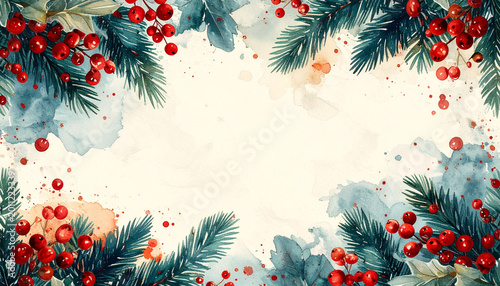 Watercolor pine leaves, red berries, holly, and soft splashes create festive Christmas border with blank center, evoking joyful and cozy holiday atmosphere