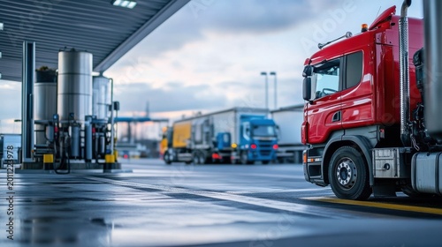Red semi truck at a fuel station