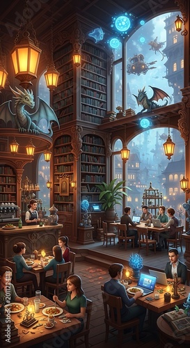 Interior view of a fantasy library cafe with patrons and whimsical decorations, including dragons and fantastical architecture