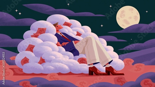 Businessman resting on fluffy cloud in night sky. Concept of financial success, wealth management and peaceful retirement. Metaphor for dreaming about money and economic stability.