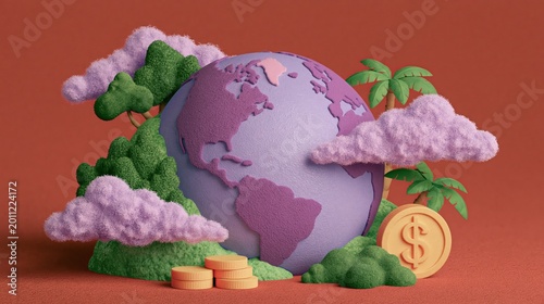 Earth globe with gold coin and nature landscape. Global finance and sustainable economy concept. 3D illustration of planet with dollar currency, forest, and cloud for investment idea.