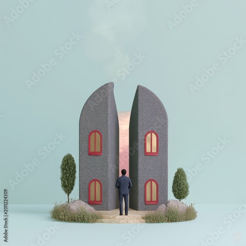 Businessman standing before split building portal. Concept of architectural growth, future investment, property development. Real estate opportunity and financial outlook surreal scene.