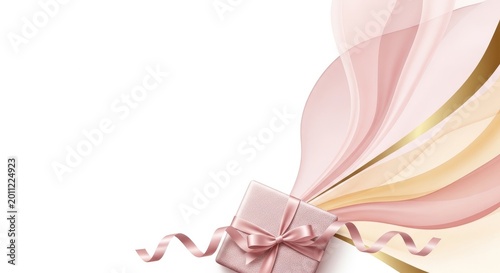 Elegant pink gift box with ribbon on white background, flowing pastel fabric curves.