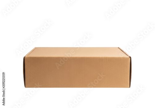Cardboard box mockup on white background, brown corrugated shipping parcel, closed rectangular paper package for delivery and logistics