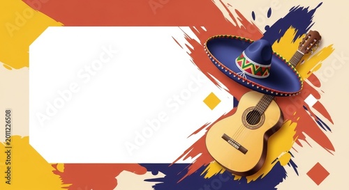 Mexican sombrero and guitar on colorful abstract background