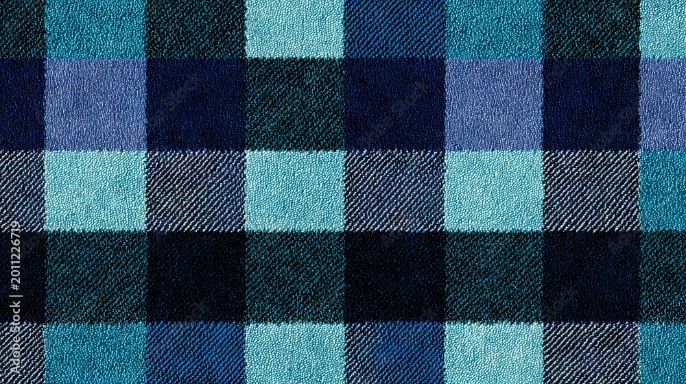 Fototapeta premium 36.Old style tartan plaid seamless vector texture, cyan and blue color scheme, balanced check proportions, soft woven and fur like surface detail, timeless textile background