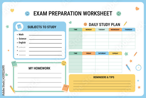 Exam preparation worksheet for elementary school students, horizontal layout, clean playful flat vector design.