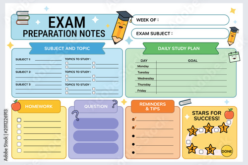 Exam preparation note template forstudents, horizontal layout, minimal flat vector design.