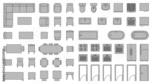 Obraz na płótnie Collection of furniture icons for floor plan, top view, vector illustration