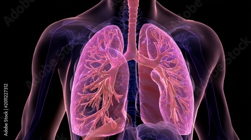 Detailed 3D Illustration of Human Lungs with Bronchial Tree and Blood Vessels, Medical Anatomy Background