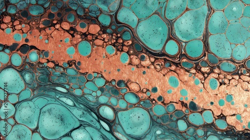 Turquoise Fluid Art Masterpiece: Mesmerizing Bubbles and Copper Veins — Abstract Background for Creative Projects