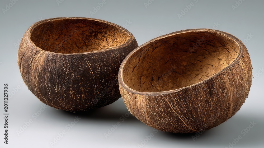 Fototapeta premium Two empty brown coconut shells positioned side by side on a clean light gray studio background