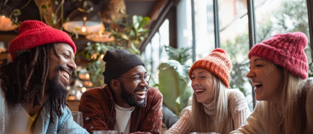 Fototapeta premium The Friends Laughing Together in a Cozy Urban Coffee Shop During Winter