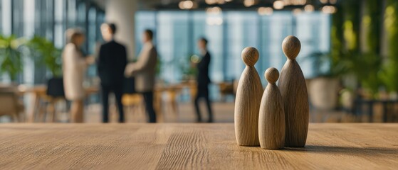 The Wooden Family Figurines On A Table In A Modern Office Representing Teamwork
