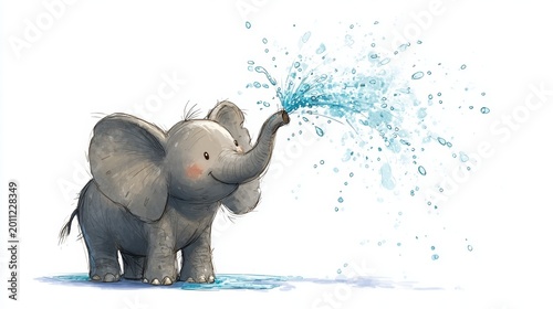 Adorable Baby Elephant Playing with Water: Charming Illustration of a Joyful Splash — Perfect for Children’s Content