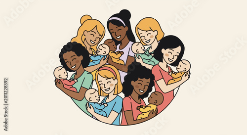 Diverse mothers embrace their babies, forming a circular composition