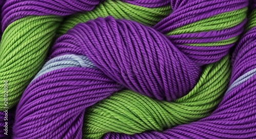 Vibrant Purple and Green Yarn Skein Coiled in Close Up Textile Background