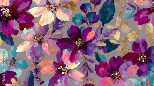81.Painted look floral seamless background featuring expressive blossoms and foliage, watercolor inspired texture, natural color transitions, elegant repeating pattern