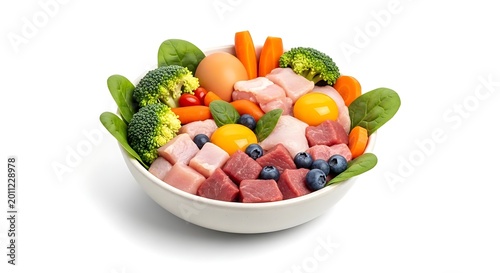 Fresh Raw Pet Food Bowl Arranged with Meat Eggs Vegetables and Blueberries on White Background