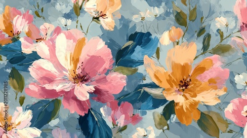 82.Artistic seamless floral design with hand painted appearance, loose brush strokes, blooming flowers and leaves, soft and romantic decorative background