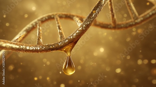Golden DNA Helix with Shimmering Oil Drop: Symbol of Genetic Excellence and Natural Purity — Ideal for Biotech Concepts