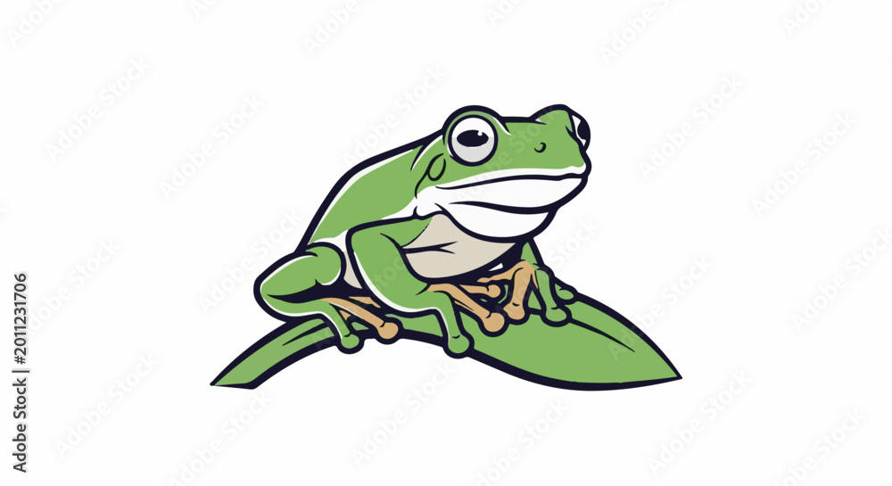 Fototapeta premium Cartoon-style green frog with large eyes sits on a leaf